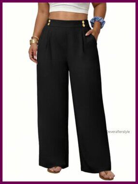 Plus Size Wide Leg High Waisted Work Pants with Pockets